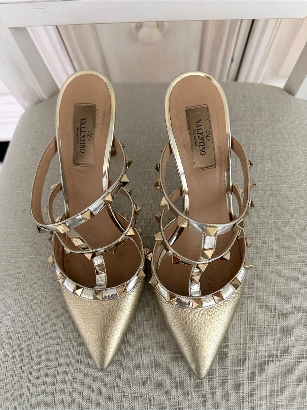 Valentino Metallic Gold Studded Pointed-Toe Slingback Heels